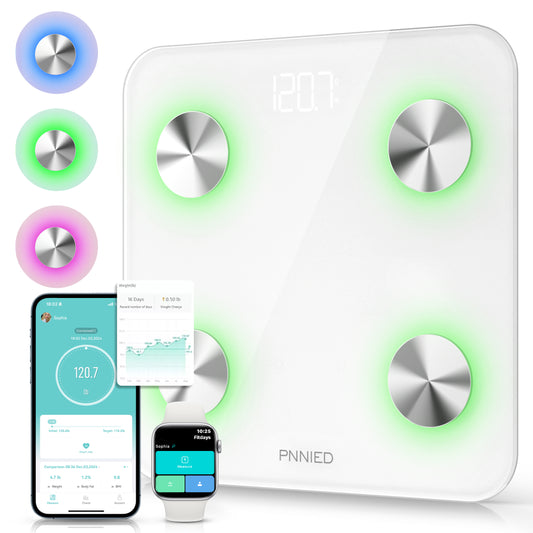 Pnnied Body Fat Scale,Digital Bathroom Scale for Weight, Scale with BMI, Body Fat, Muscle Mass, Body Composition Analysis, Highly Accurate Bluetooth Scale with APP(White)